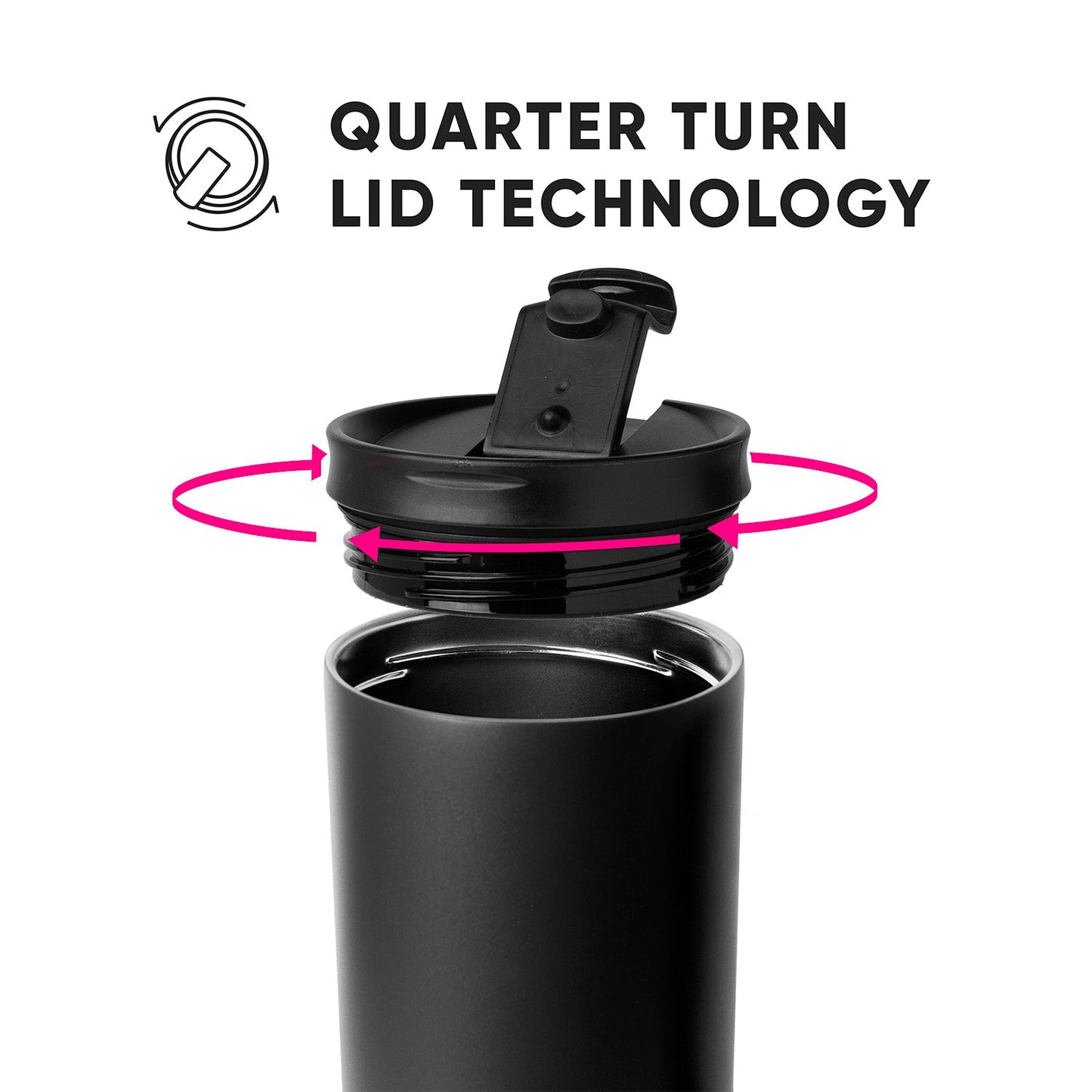 Black quarter-turn lid with magenta pink directional arrows on white background, showing how to twist the lid onto a Trek-30 drinkware vessel.