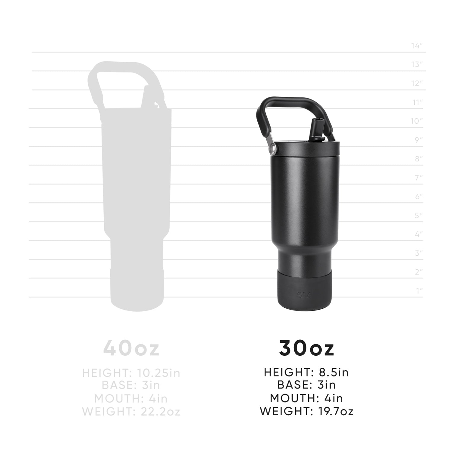 Black matte tumbler with charcoal accents shown next to light gray silhouette measurement guide against contrasting background for size reference.