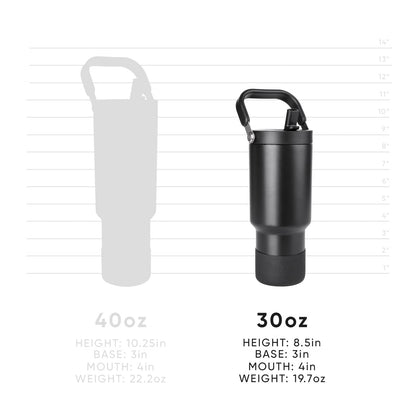 Black matte tumbler with charcoal accents shown next to light gray silhouette measurement guide against contrasting background for size reference.