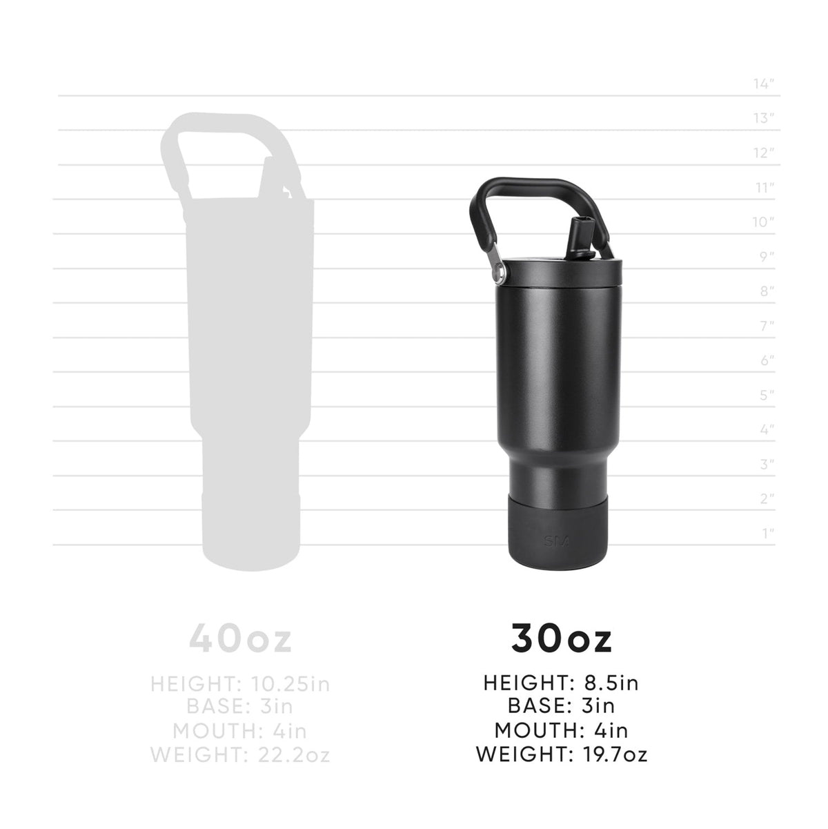 Black matte tumbler with charcoal accents shown next to light gray silhouette measurement guide against contrasting background for size reference.