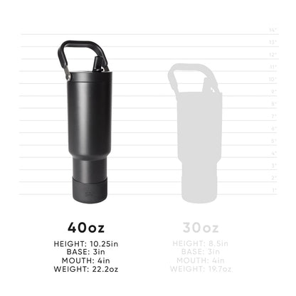 Two insulated water bottles shown side by side with vertical inch measurement markers, comparing sizes of 40oz and other capacity bottles against white background.