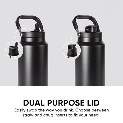 Matte black water bottle with dual-purpose lid displayed against light gray background