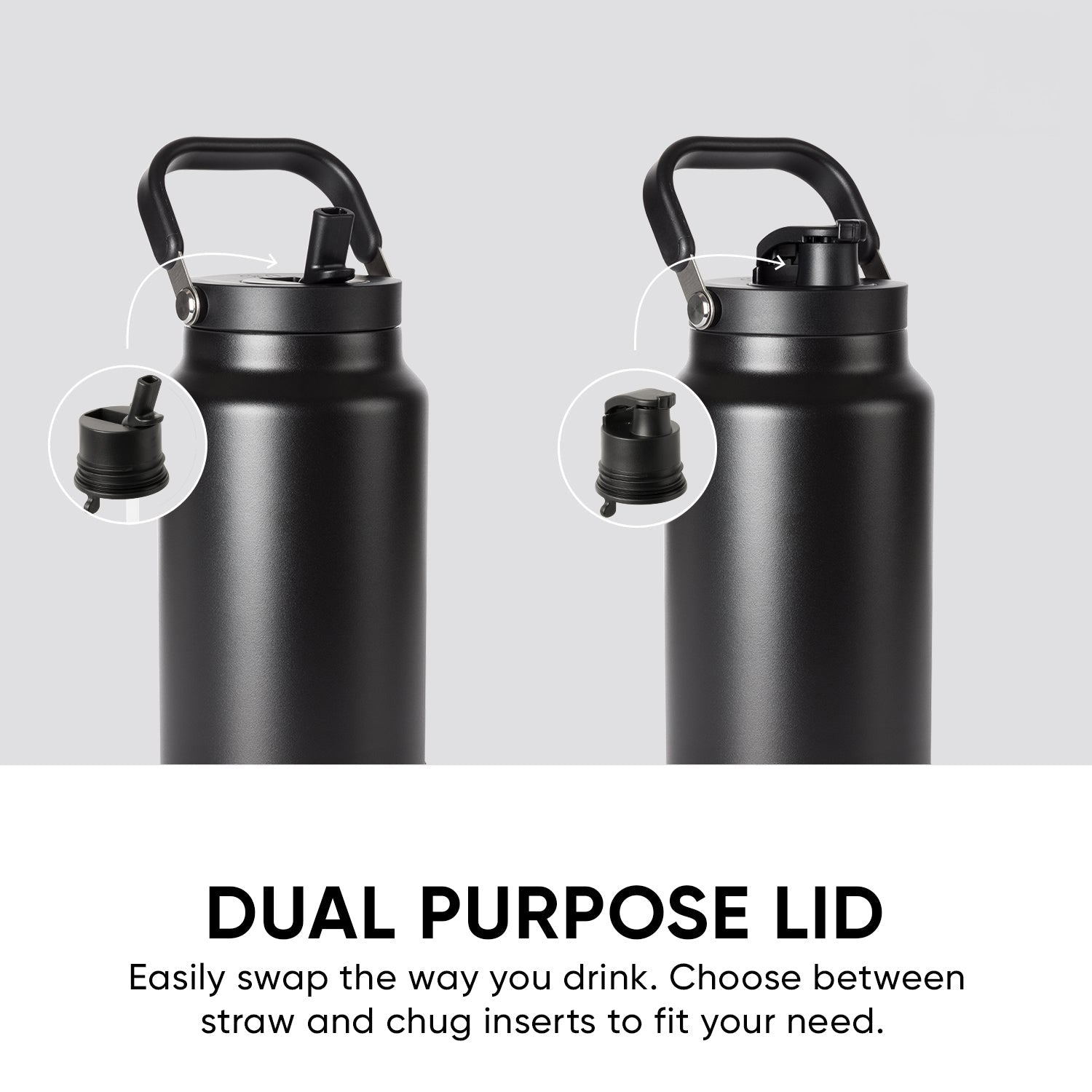 Matte black water bottle with dual-purpose lid displayed against light gray background