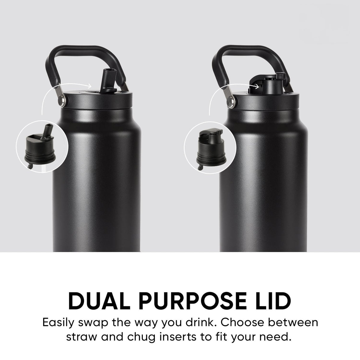 Matte black water bottle with dual-purpose lid displayed against light gray background
