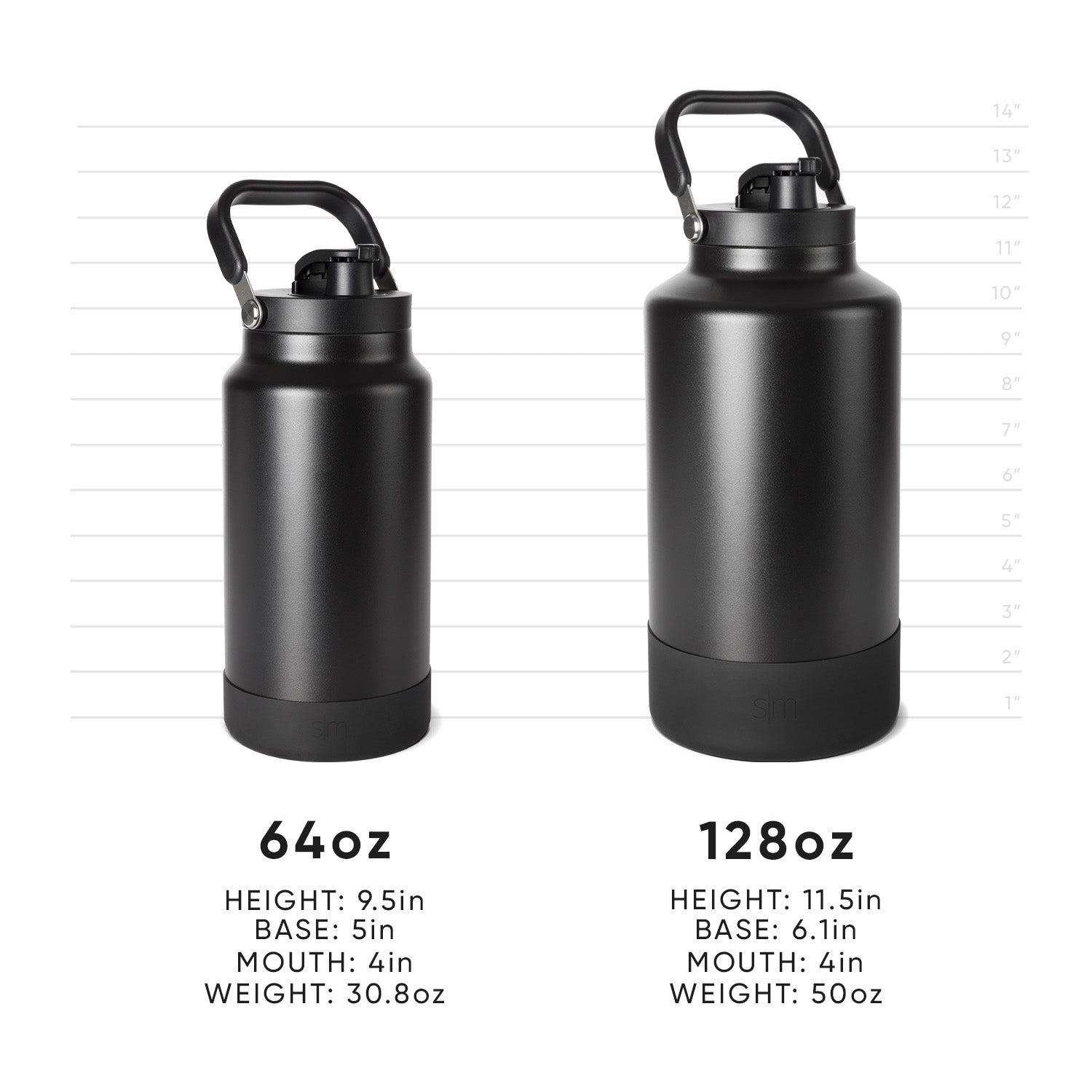Two matte black insulated water bottles with metallic gray accents displayed against a neutral background, showing product measurement details.