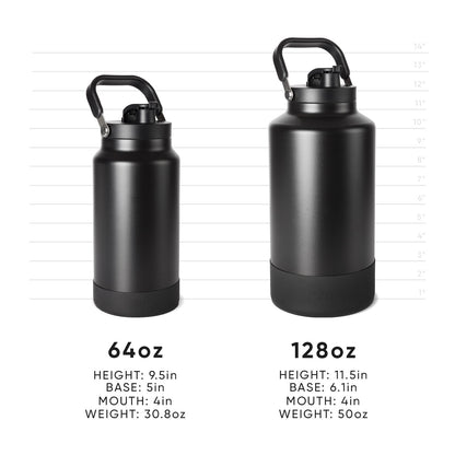 Two matte black insulated water bottles with metallic gray accents displayed against a neutral background, showing product measurement details.