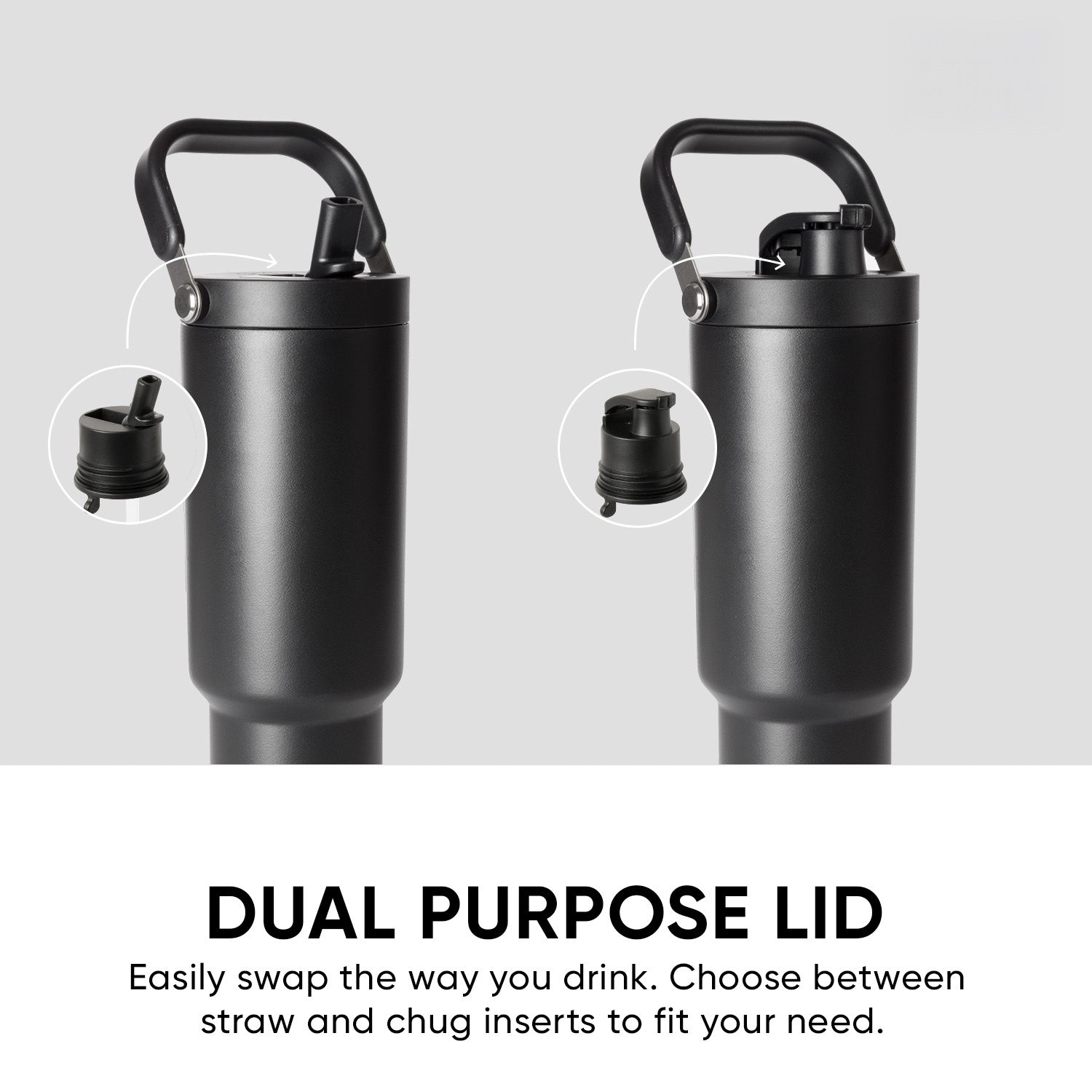 Two matte charcoal gray insulated water bottles with black handles and lid components displayed against a dark background.