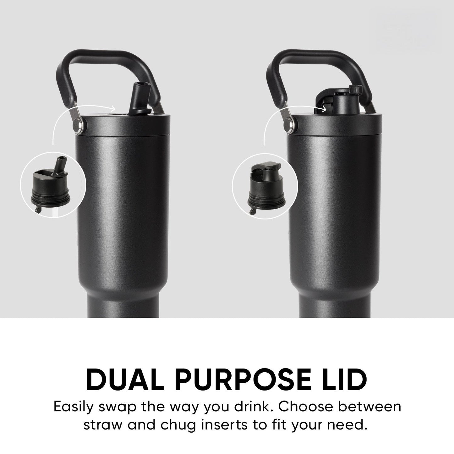 Two matte charcoal gray insulated water bottles with black handles and lid components displayed against a dark background.