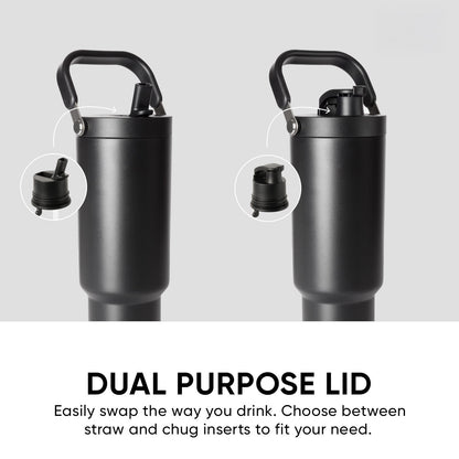 Two matte charcoal gray insulated water bottles with black handles and lid components displayed against a dark background.