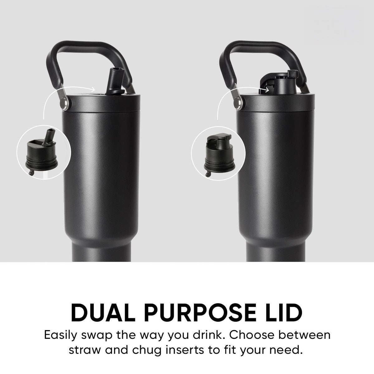 Two matte charcoal gray insulated water bottles with black handles and lid components displayed against a dark background.