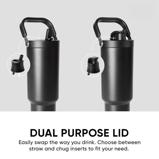 Two matte charcoal gray insulated water bottles with black handles and lid components displayed against a dark background.