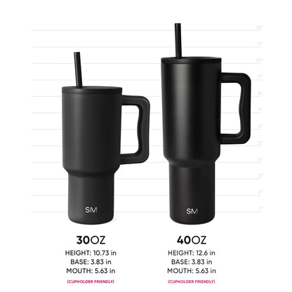 Two matte black Trek Tumblers displayed side-by-side for size comparison: 30oz tumbler on left (10.73" height) and 40oz tumbler on right (12.6" height). Both feature integrated straws, ergonomic handles, SM logo, and