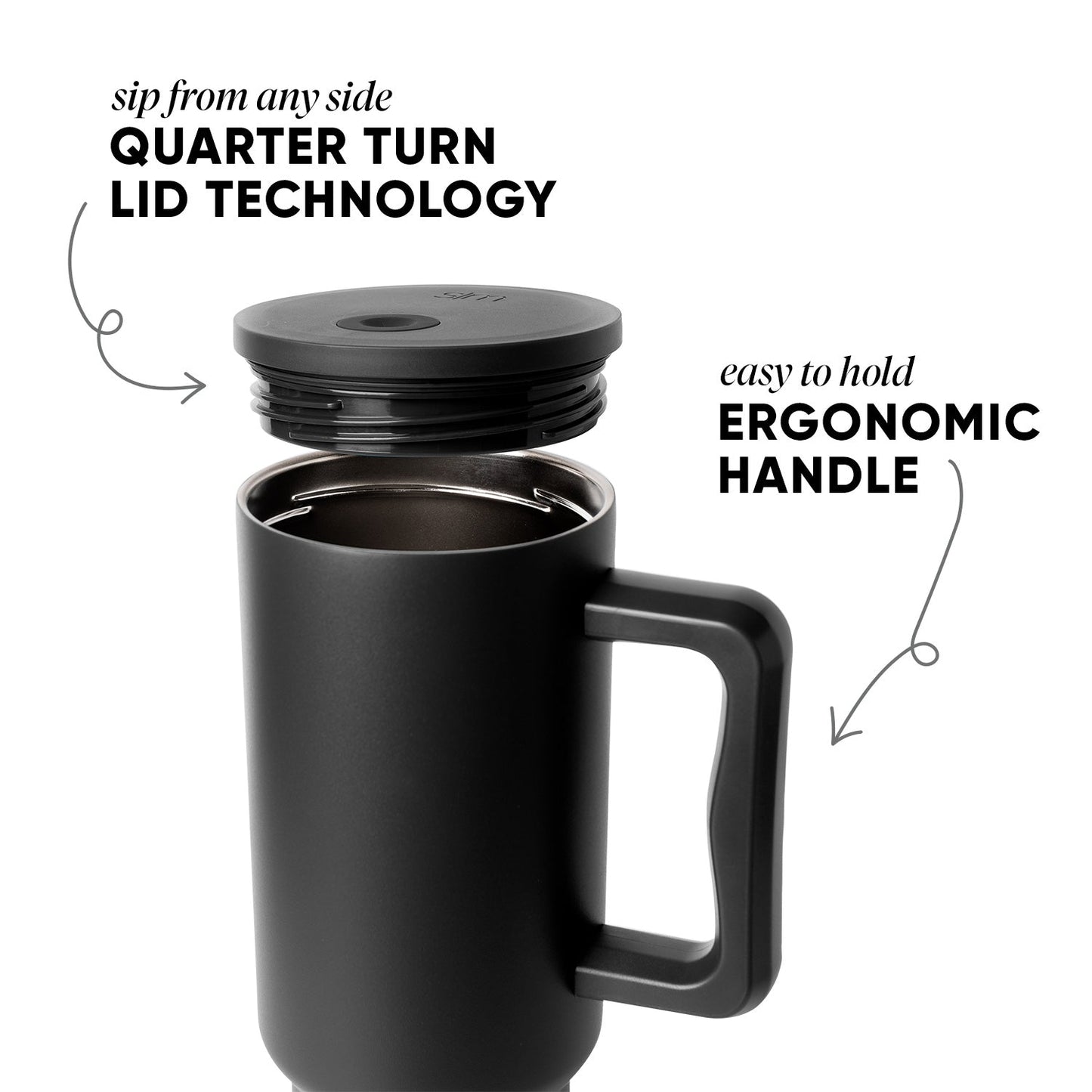 Black Trek Tumbler with detached lid showing Quarter Turn technology, ergonomic handle, and ability to sip from any side, displayed against white background.