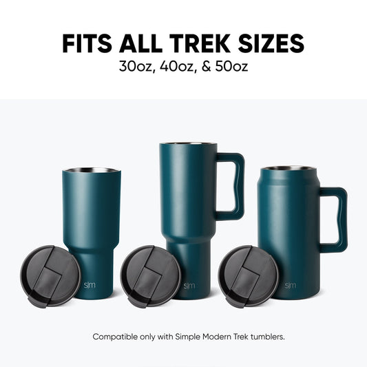 Three teal and charcoal gray tumblers with matte metallic finishes displayed side by side, showing Trek compatibility color options with gradient variations.