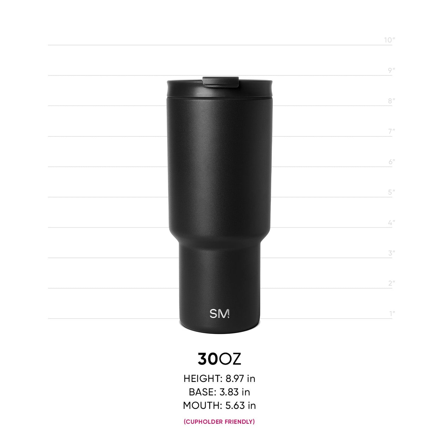 Matte black 30oz Trek tumbler with flip lid shown against white background, displaying measurement ruler lines on left and right sides for size reference.