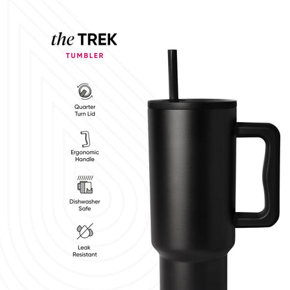 Black Trek Tumbler with handle and straw on white background, featuring product icons for Quarter Turn Lid, Ergonomic Handle, Dishwasher Safe, and Leak Resistant features.