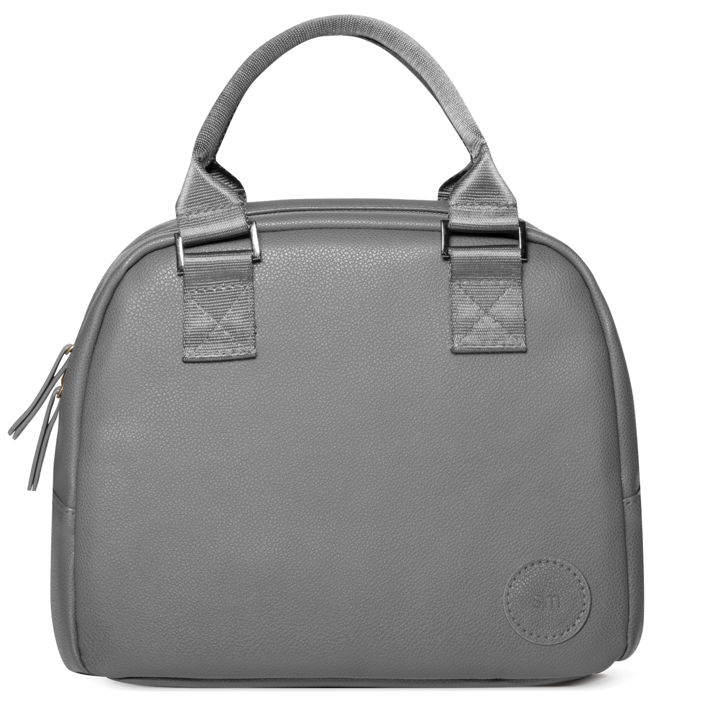 Gray canvas tote bag with silver metal hardware and light gray fabric handles and webbing straps