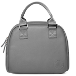 Gray canvas tote bag with silver metal hardware and light gray fabric handles and webbing straps