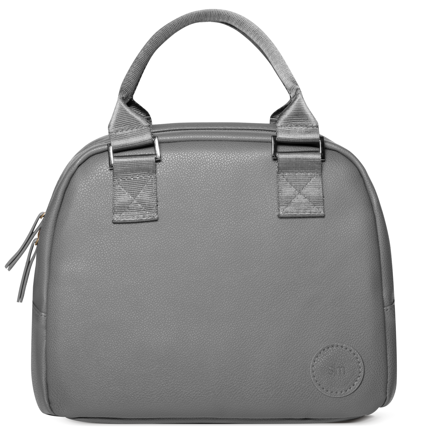 Gray canvas tote bag with silver metal hardware and light gray fabric handles and webbing straps