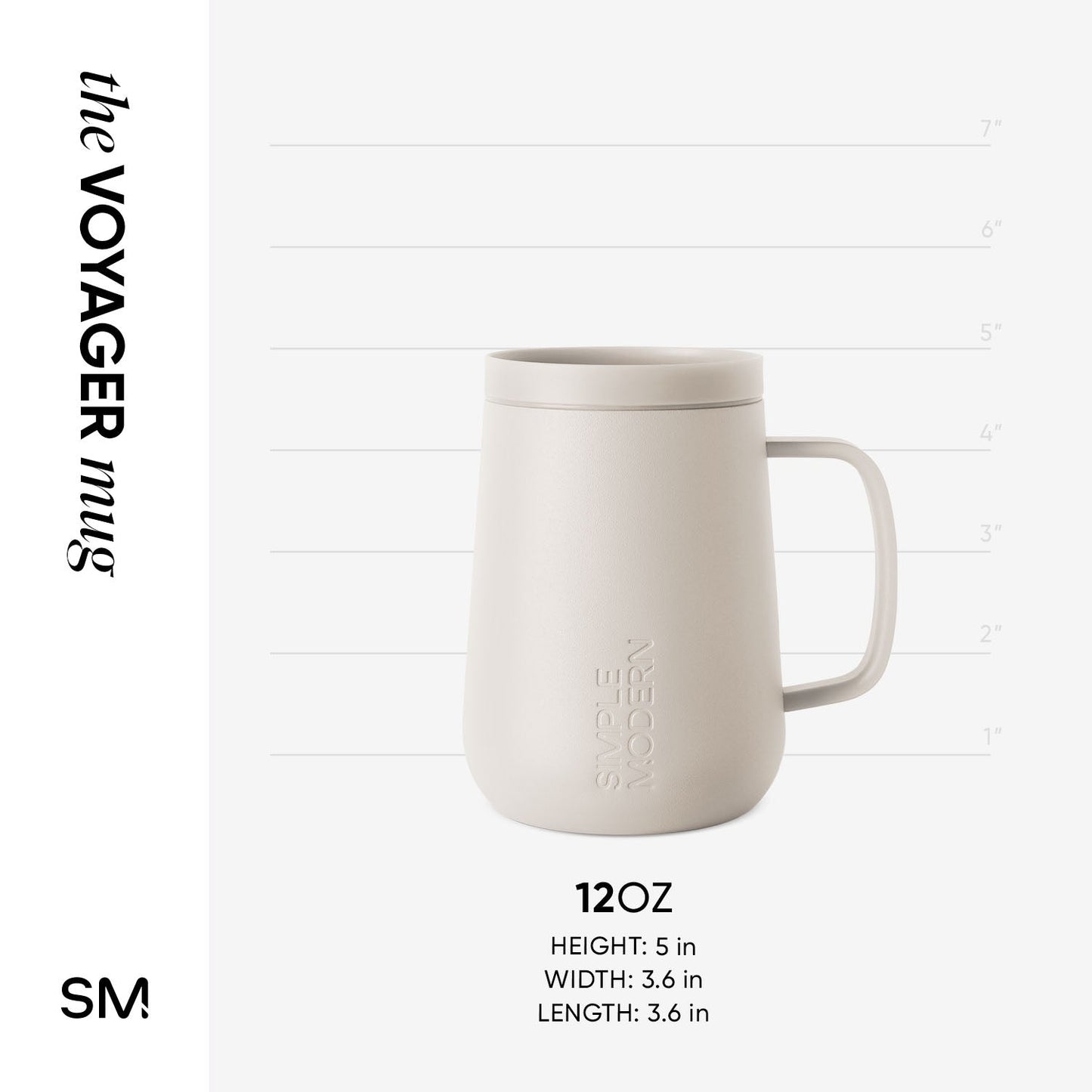 Beige matte finish mug shown against light gray background with measurement reference for size and scale documentation.