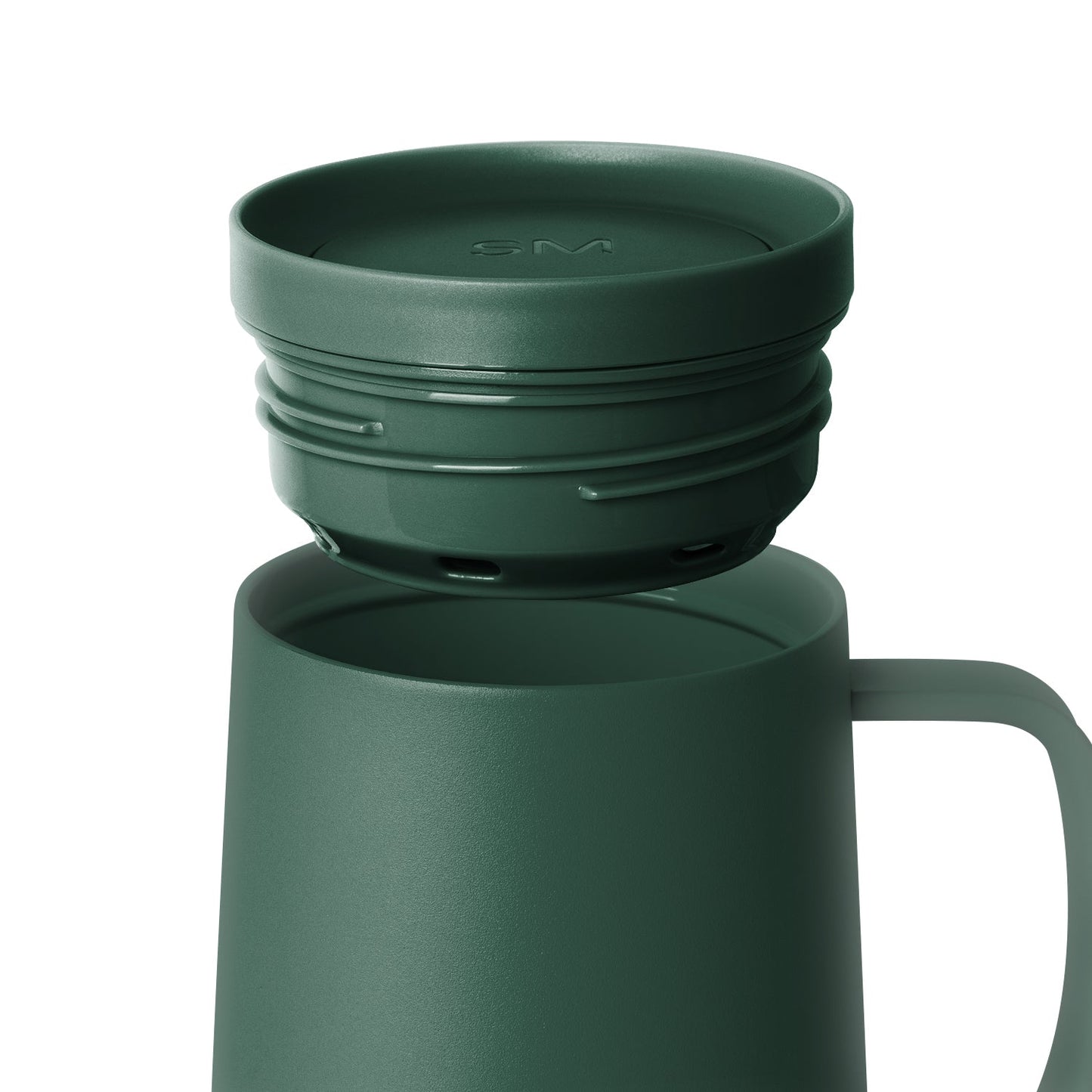 Sage green insulated tumbler with matching lid, featuring a muted dusty forest green color throughout the cylindrical mug body and top.