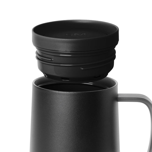 Black matte drinkware set displayed against white background, showing deep charcoal and charcoal finish cups or mugs with high contrast presentation.