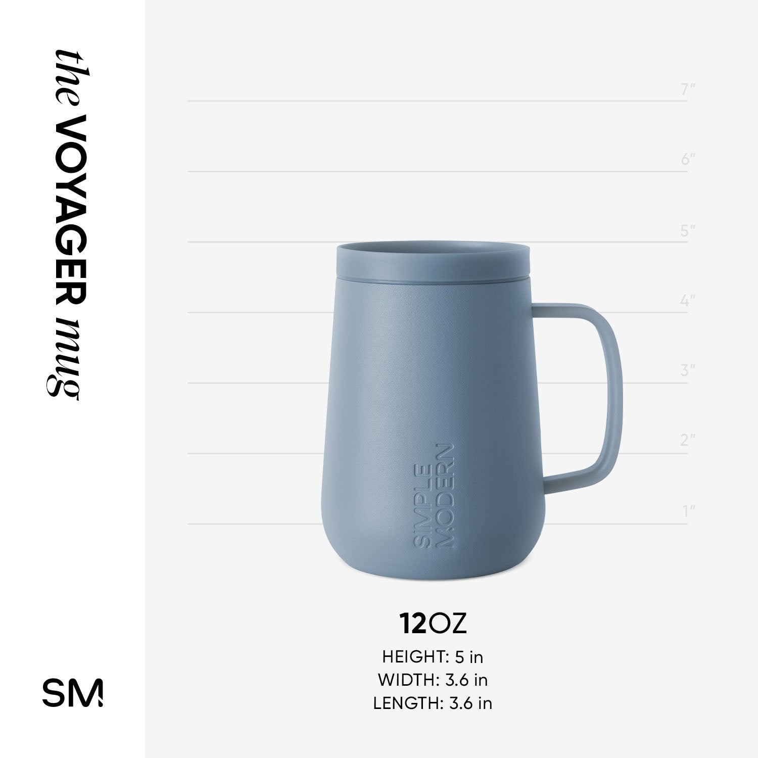 Dusty blue matte ceramic mug with measurement markings shown against light beige background, displaying 12oz capacity and size reference details.
