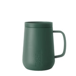 Sage green insulated mug with fitted lid and curved handle against white background