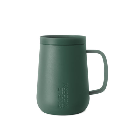 Sage green insulated mug with fitted lid and curved handle against white background