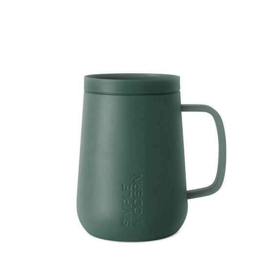 Sage green insulated mug with fitted lid and curved handle against white background