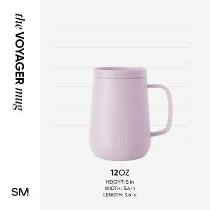 Lavender ceramic mug with measurement markings displayed against a light gray background