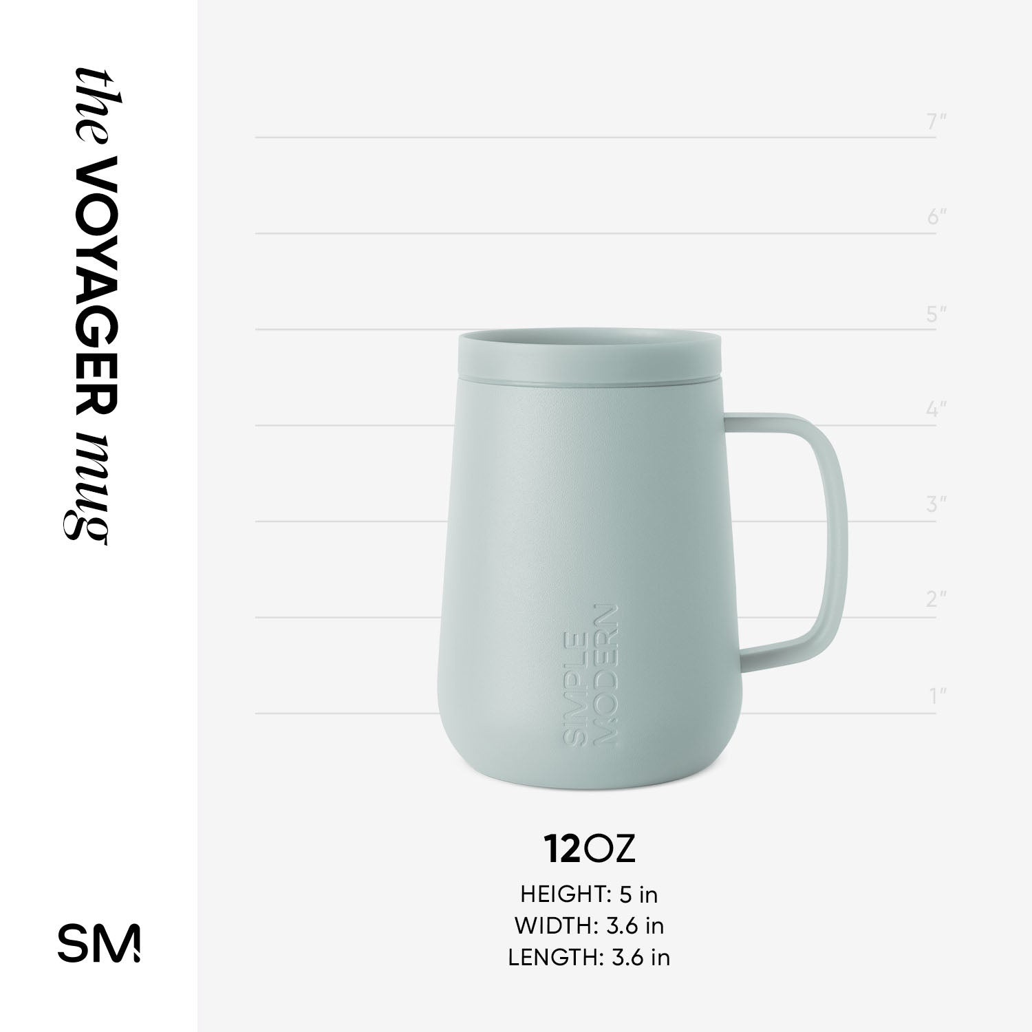 Sage green mug with measurement markings and SM logo embossing displayed against a light gray background, showing product dimensions and specifications.