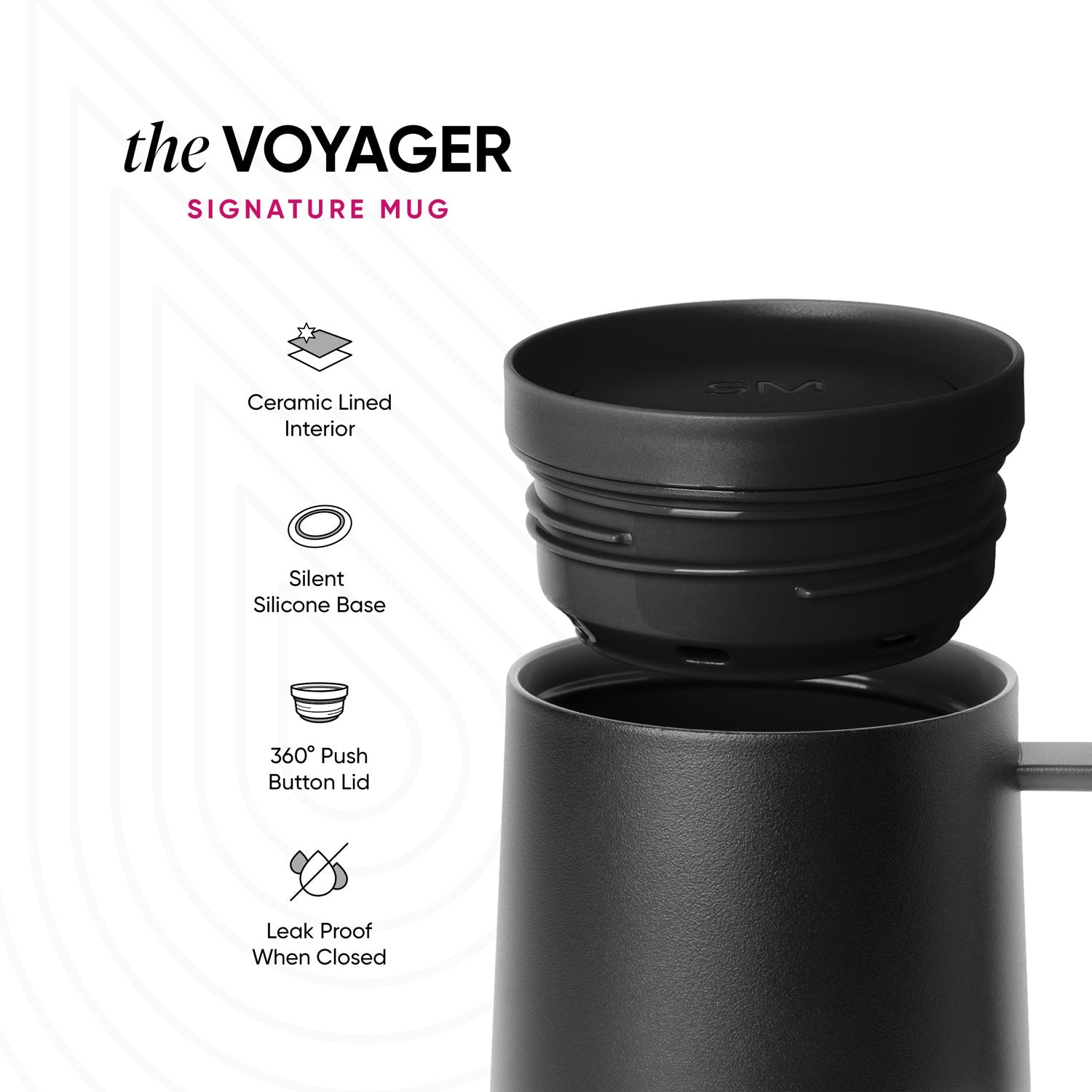Black matte Voyager360 mug displayed against a light off-white background in monochromatic styling
