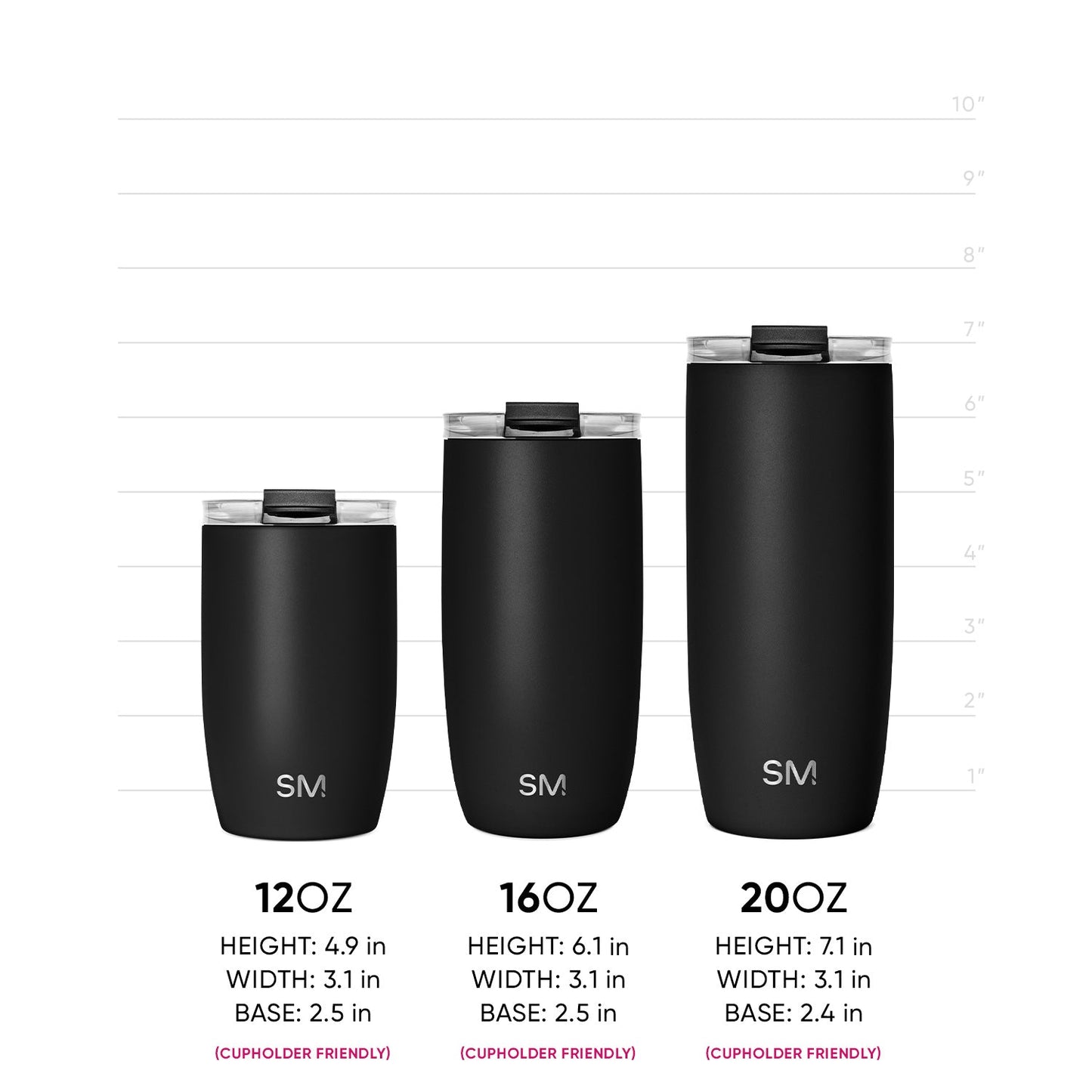 Three black matte drinkware vessels arranged on a white background, displaying product measurement sizing options.