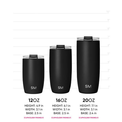 Three black matte drinkware vessels arranged on a white background, displaying product measurement sizing options.