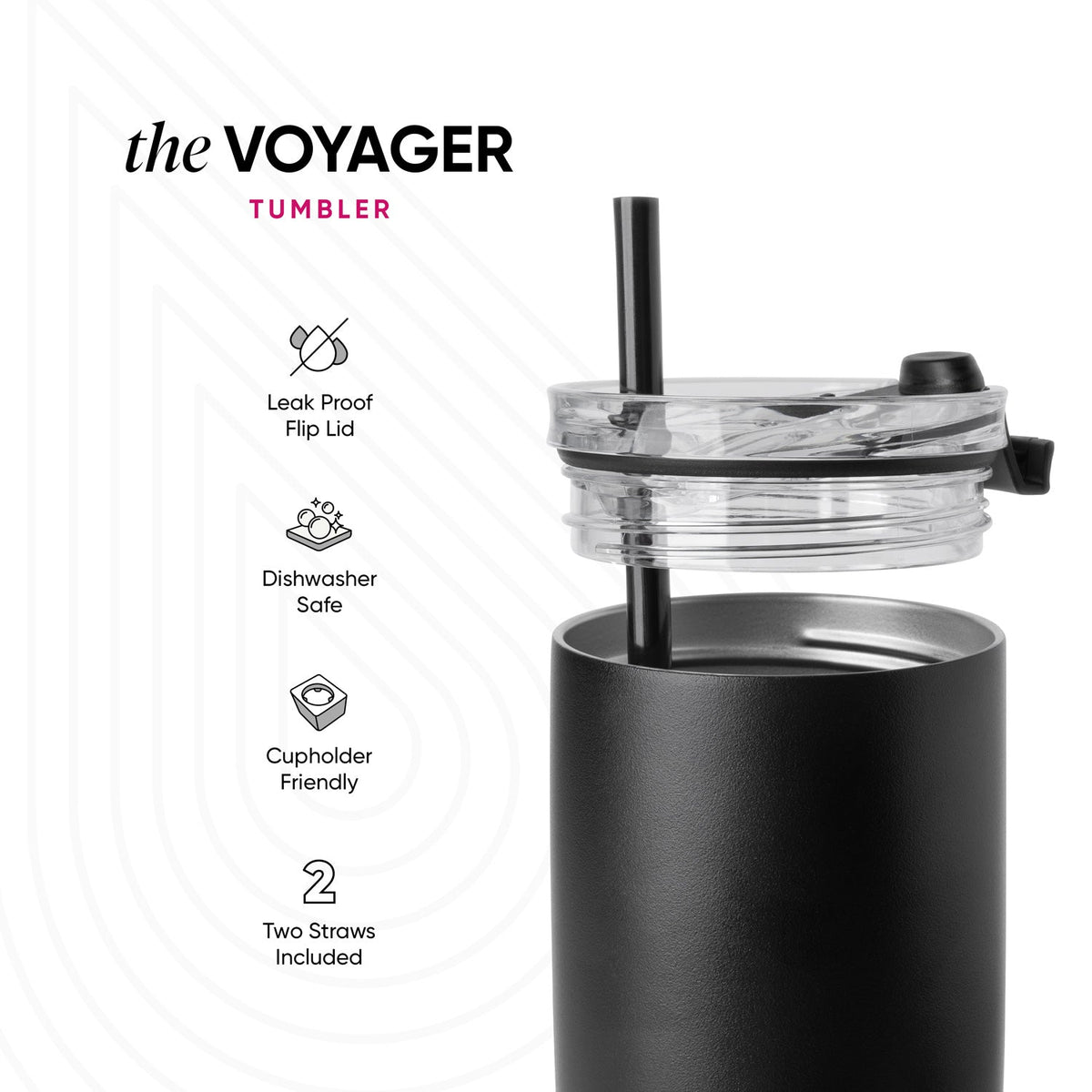 Dark gray matte finish stainless steel tumbler with black lid and white accent band, displayed against a white background