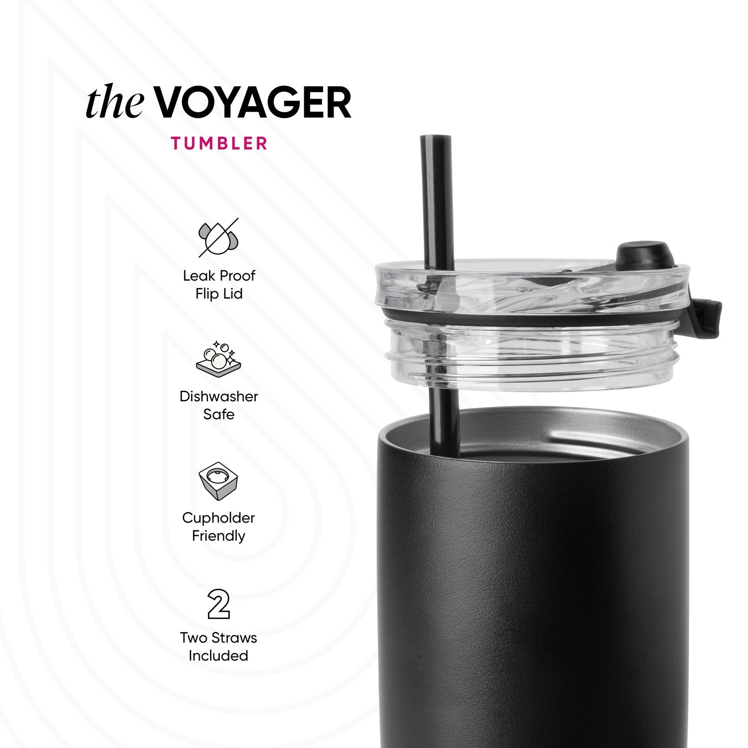 Dark gray matte finish stainless steel tumbler with black lid and white accent band, displayed against a white background
