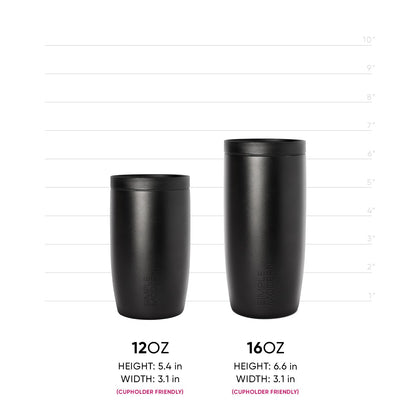 Two matte black cylindrical containers with measurement markings displayed side by side for size comparison and reference.