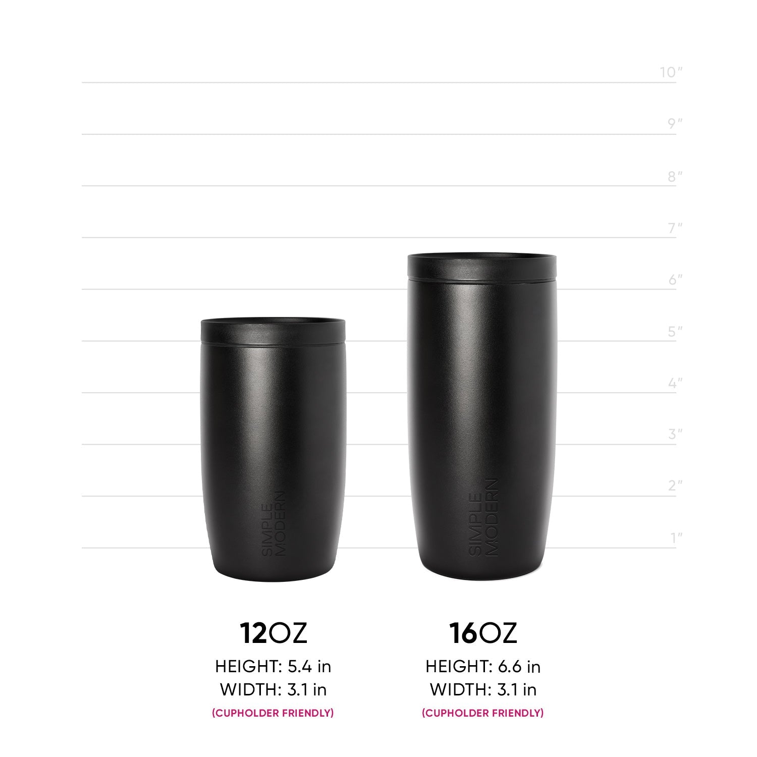 Two matte black cylindrical containers with measurement markings displayed side by side for size comparison and reference.