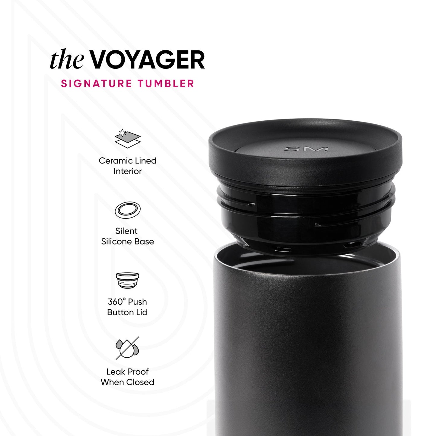 Matte black tumbler with reflective highlights and gray tones on a high-contrast monochromatic background, Voyager Signature Tech design.