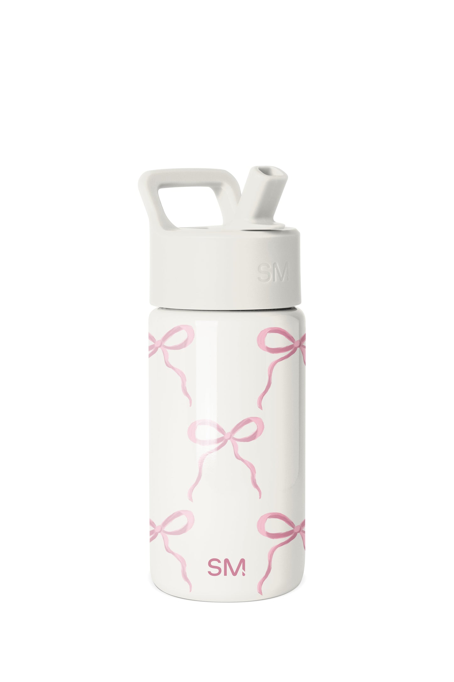 White Simple Modern water bottle with pink bow pattern, wide-mouth design, white screw-on cap with handle and straw opening, SM logo on lid and lower body, studio product shot on white background.