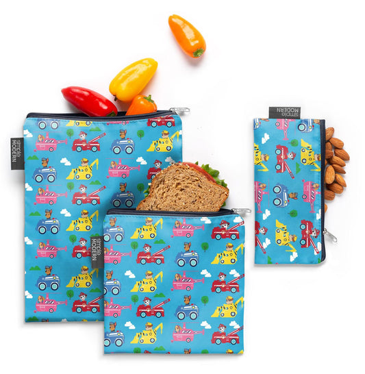 Colorful reusable pouches with bright blue background featuring vibrant red, yellow, pink, and orange design elements with vehicle graphics.