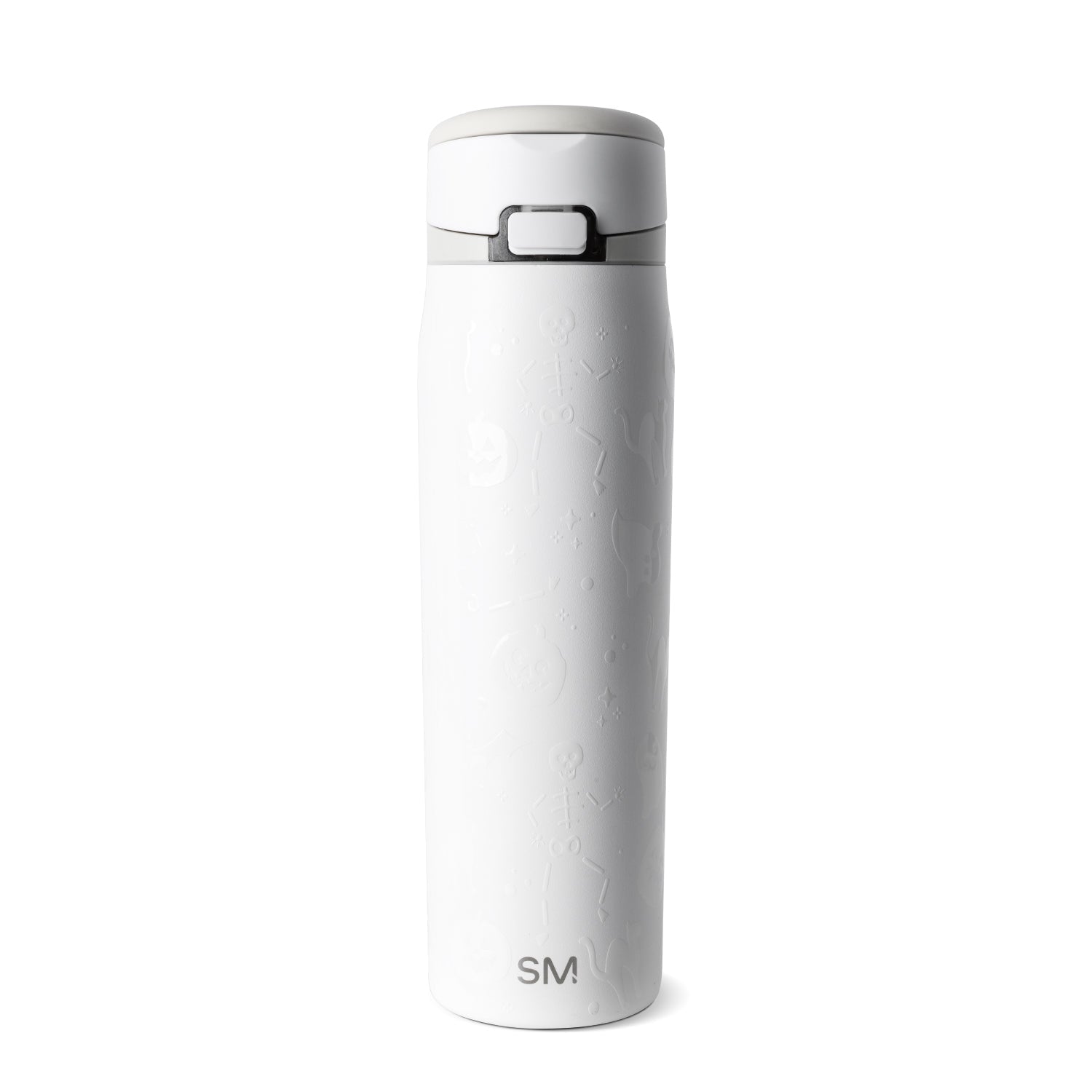 White insulated tumbler with matte finish and embossed textured details on cylindrical body, centered against white background