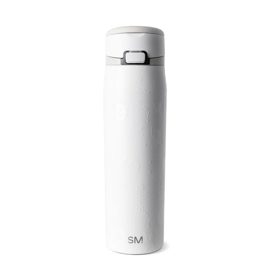 White insulated tumbler with matte finish and embossed textured details on cylindrical body, centered against white background