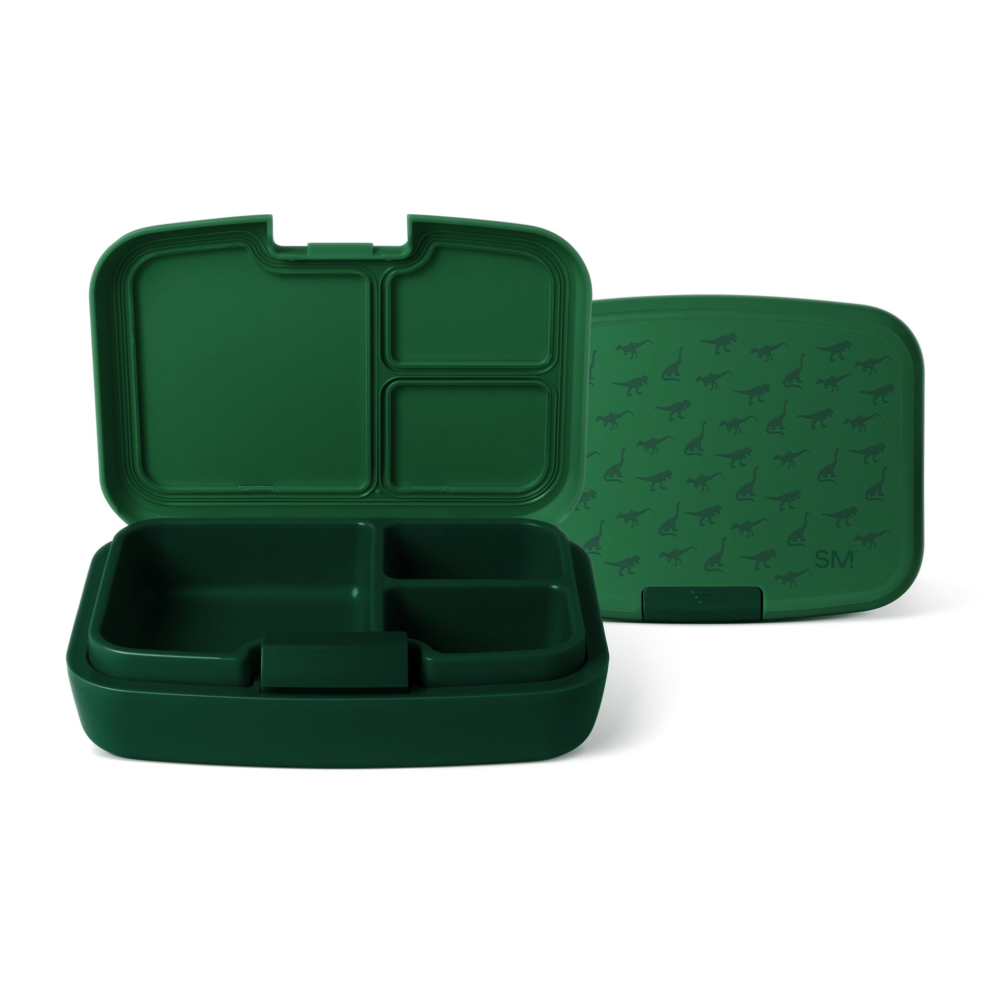 Forest green Simple Modern bento lunch box shown open and closed. Open view displays interior compartments; closed lid features dinosaur silhouette pattern and SM logo on white background.