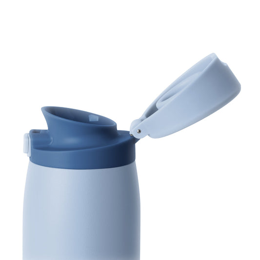Light blue and dark blue two-tone bottle with periwinkle body and navy blue lid assembly