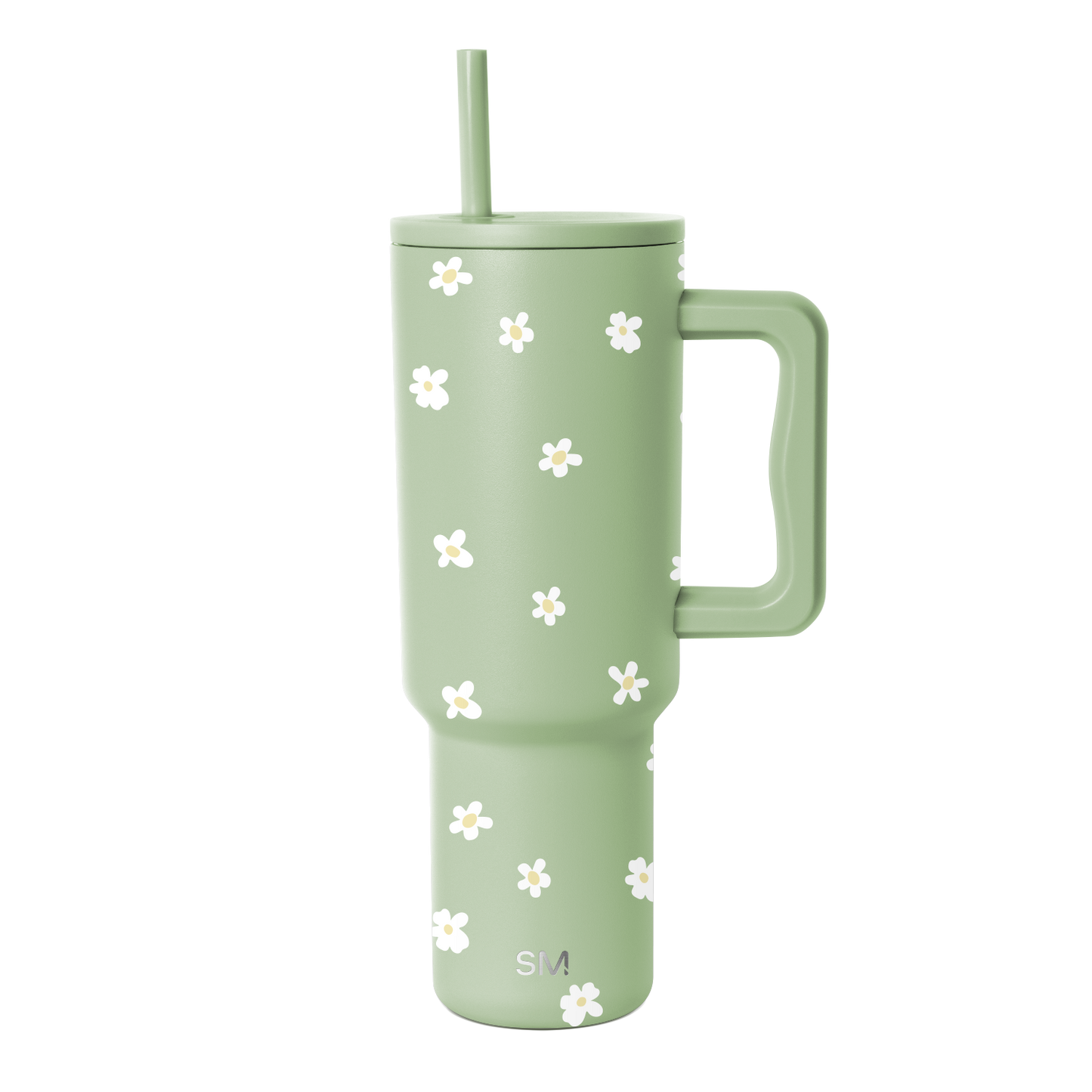 Soft sage green tumbler with white floral design accent