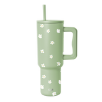 Soft sage green tumbler with white floral design accent