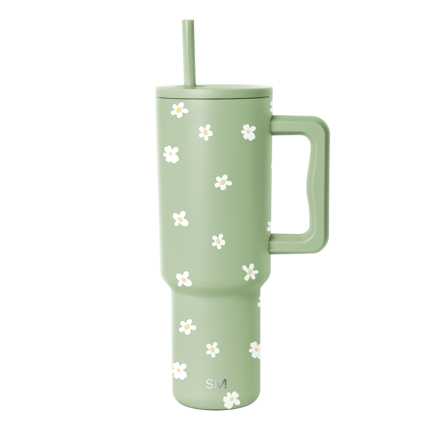 Soft sage green tumbler with white floral design accent
